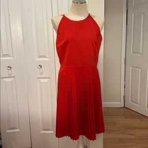 Ellen Tracy Red Pleated Fit Flare Dress Size 12 halter Cocktail Party